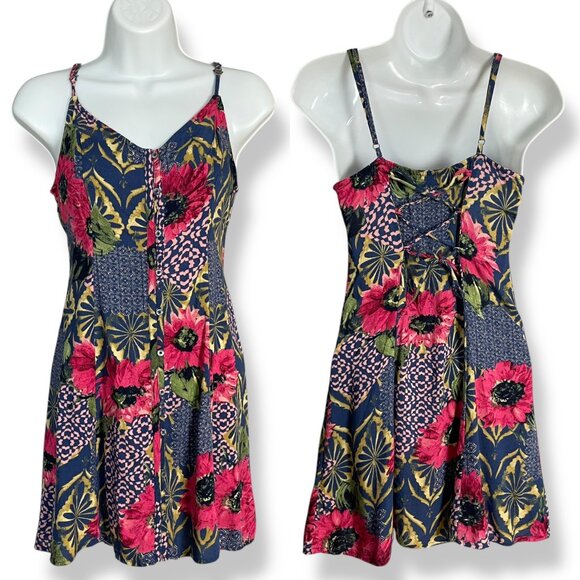 Abercrombie & Fitch Dress Mini Lace-Up Back Floral Graphic Pattern Button-Up XS - Picture 1 of 10